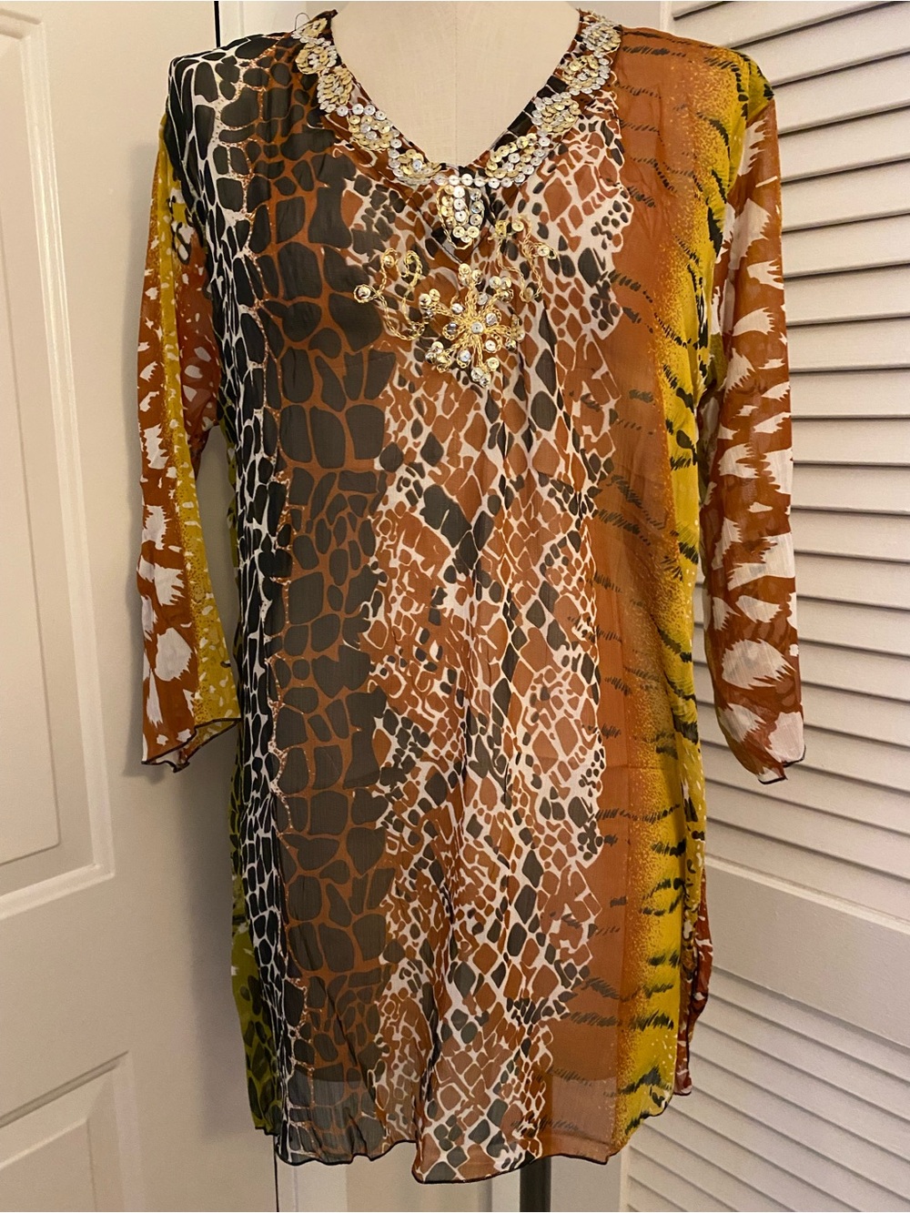 NWT- Embellished Animal-Print Sheer Tunic/ Coverup- Size Small